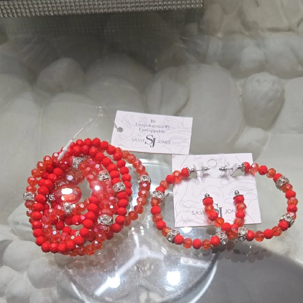 8pc- Sassy Jones Vibrant Red and Orange Bracelet Set - Picture 1 of 1